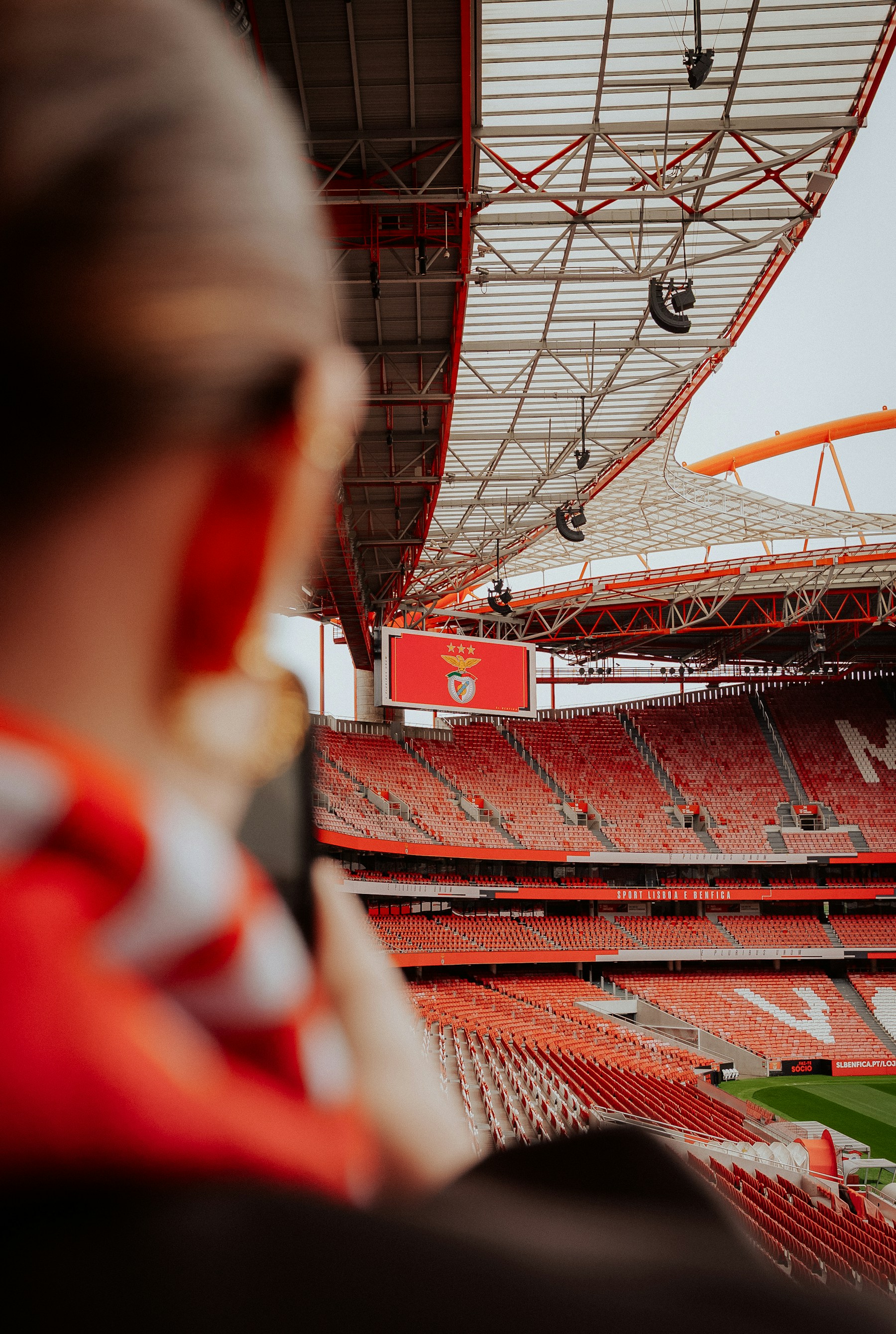Fan with scarf at a red stadium watching a game